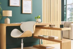 Chaise de bureau à roulettes design blanc, bois clair et acier chromé WALNUT