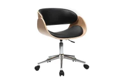 Chaise de bureau à roulettes design noir, bois clair et acier chromé BENT