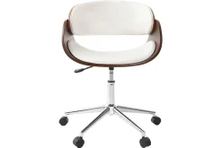 Chaise de bureau à roulettes design blanc, bois foncé noyer et acier chromé BENT