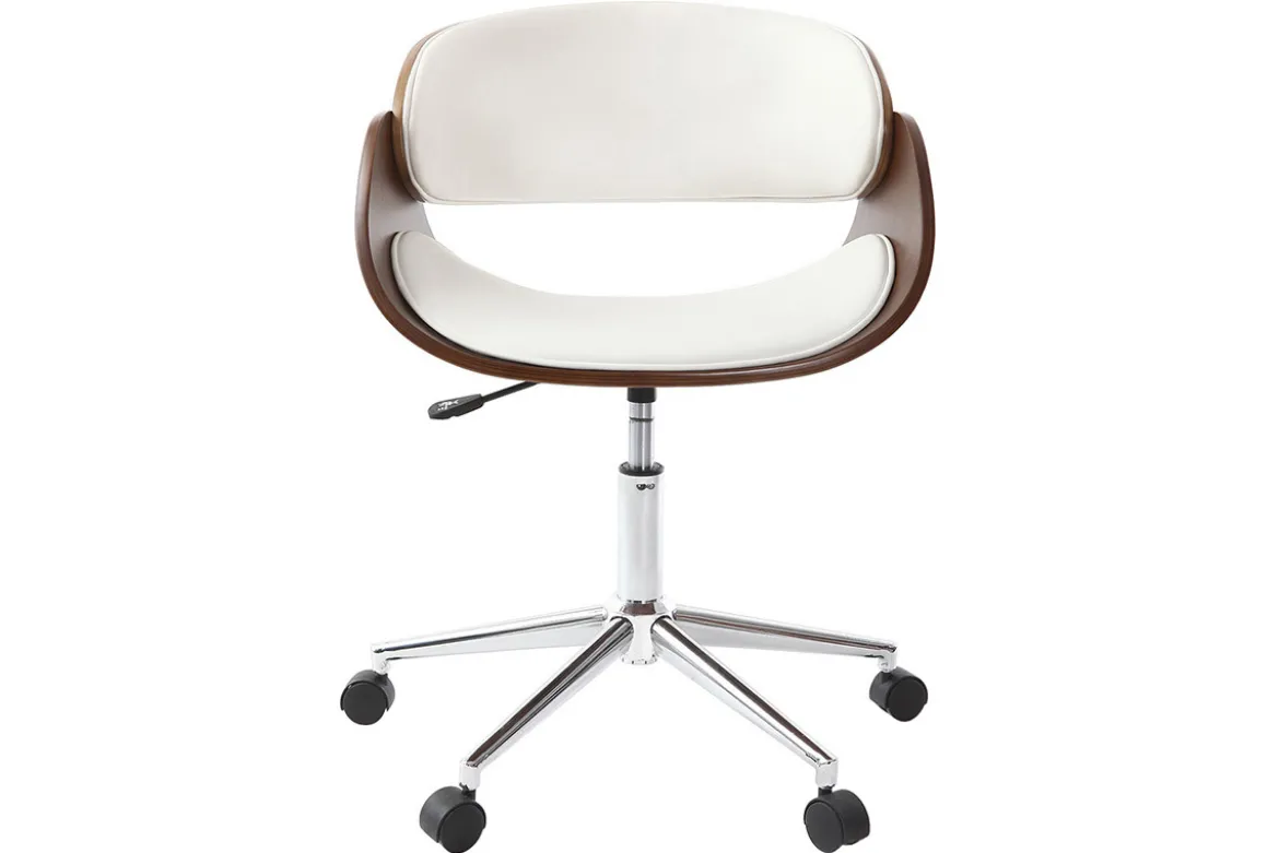 Chaise de bureau à roulettes design blanc, bois foncé noyer et acier chromé BENT