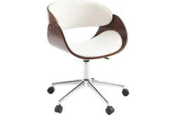 Chaise de bureau à roulettes design blanc, bois foncé noyer et acier chromé BENT