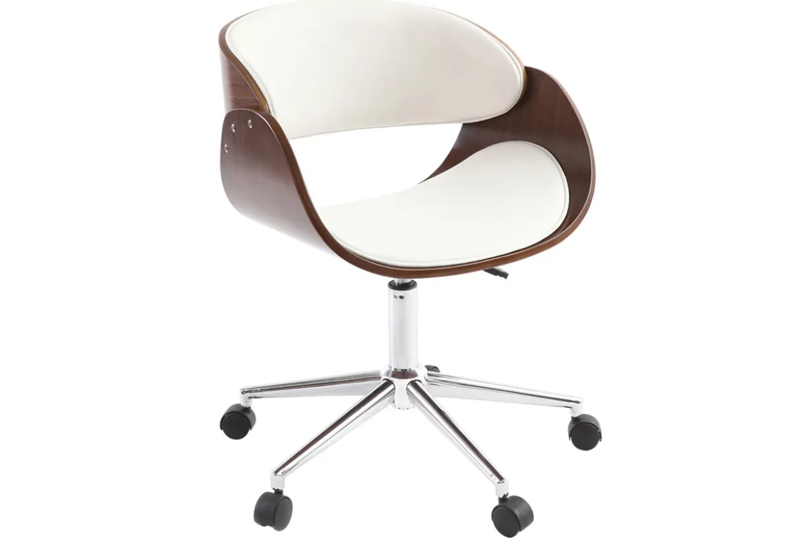 Chaise de bureau à roulettes design blanc, bois foncé noyer et acier chromé BENT