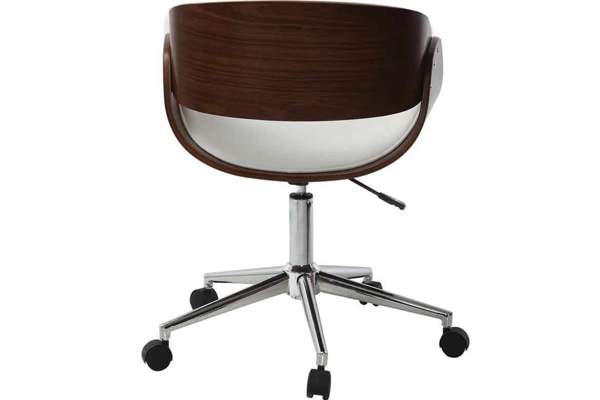 Chaise de bureau à roulettes design blanc, bois foncé noyer et acier chromé BENT