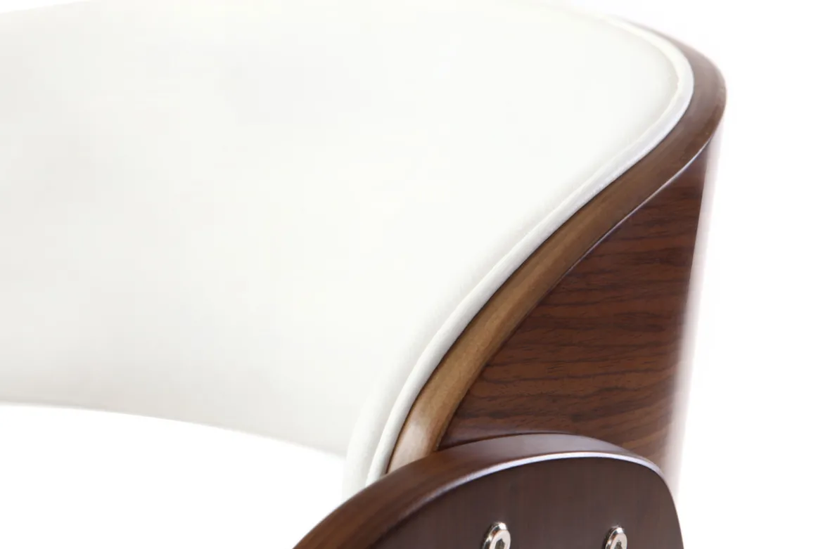 Chaise de bureau à roulettes design blanc, bois foncé noyer et acier chromé BENT