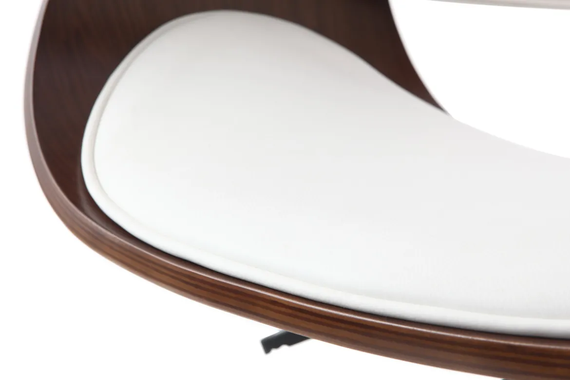 Chaise de bureau à roulettes design blanc, bois foncé noyer et acier chromé BENT
