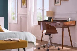 Chaise de bureau à roulettes design blanc, bois foncé noyer et acier chromé BENT