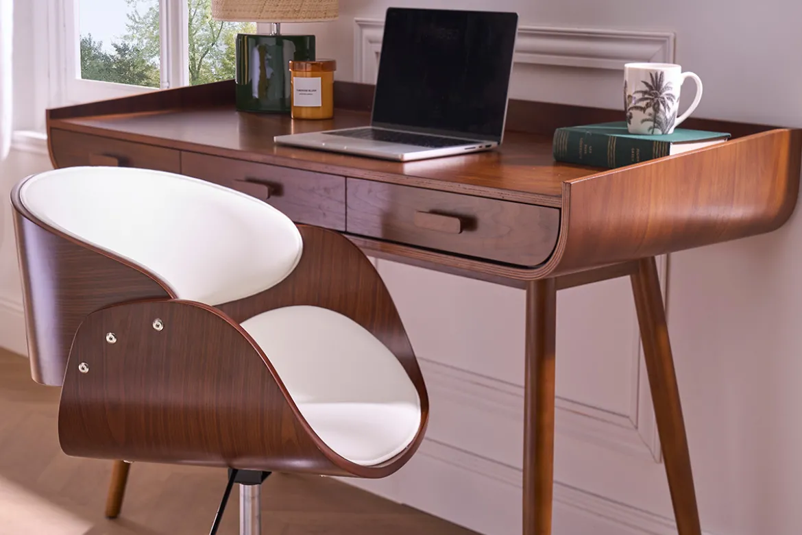 Chaise de bureau à roulettes design blanc, bois foncé noyer et acier chromé BENT