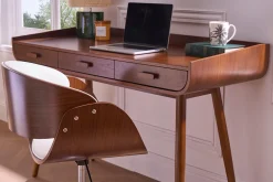 Chaise de bureau à roulettes design blanc, bois foncé noyer et acier chromé BENT