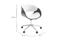 Chaise de bureau à roulettes design blanc, bois foncé noyer et acier chromé BENT