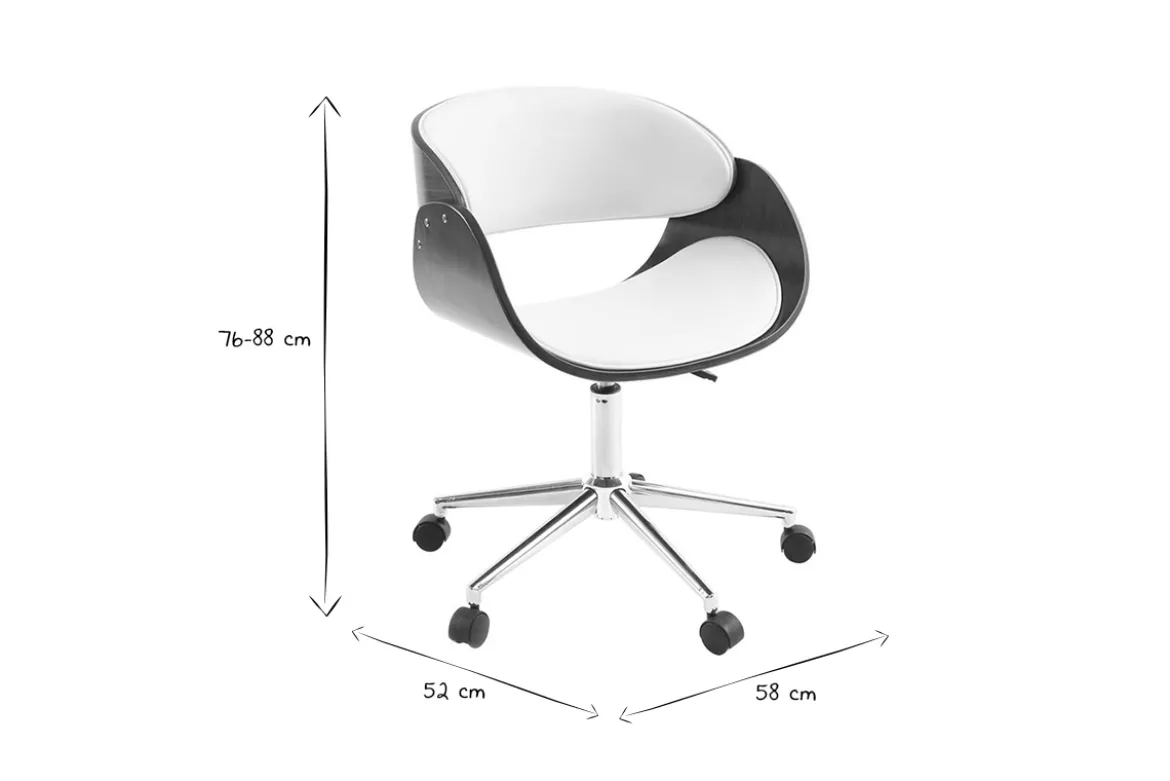 Chaise de bureau à roulettes design blanc, bois foncé noyer et acier chromé BENT