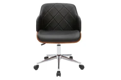 Chaise de bureau à roulettes design noir, bois foncé noyer et acier chromé SANDRO