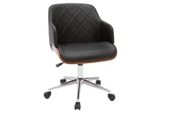 Chaise de bureau à roulettes design noir, bois foncé noyer et acier chromé SANDRO