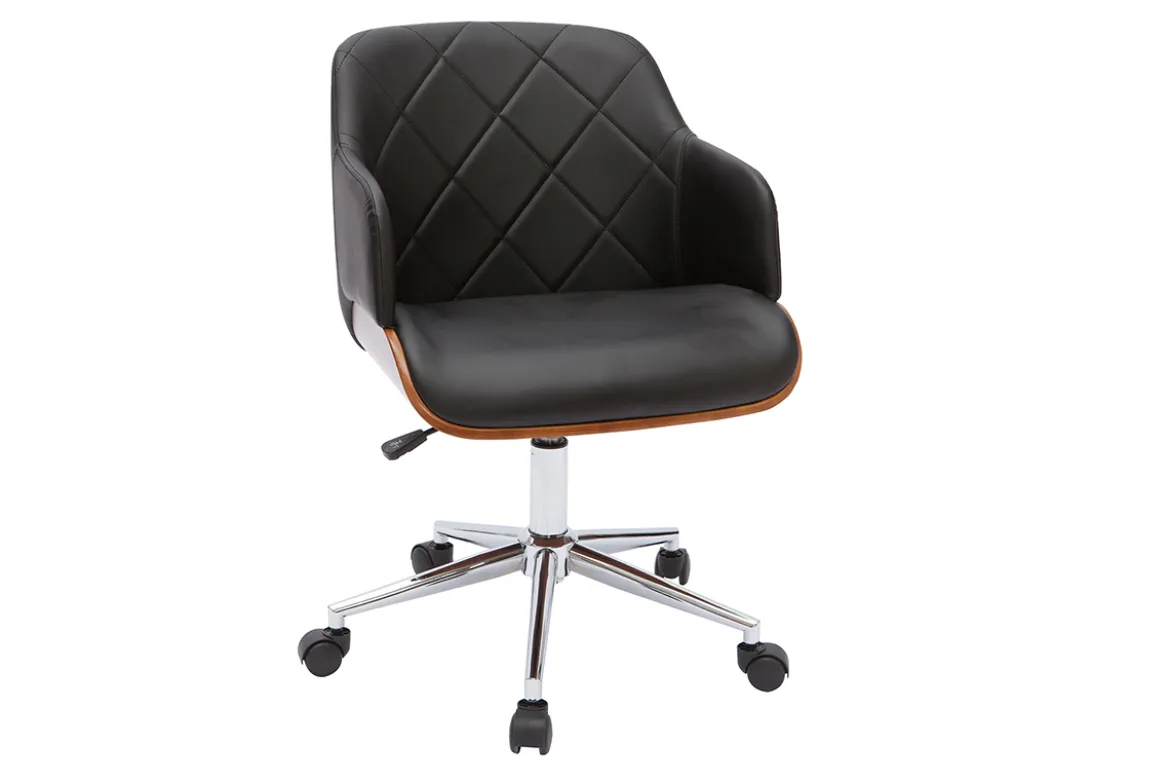 Chaise de bureau à roulettes design noir, bois foncé noyer et acier chromé SANDRO