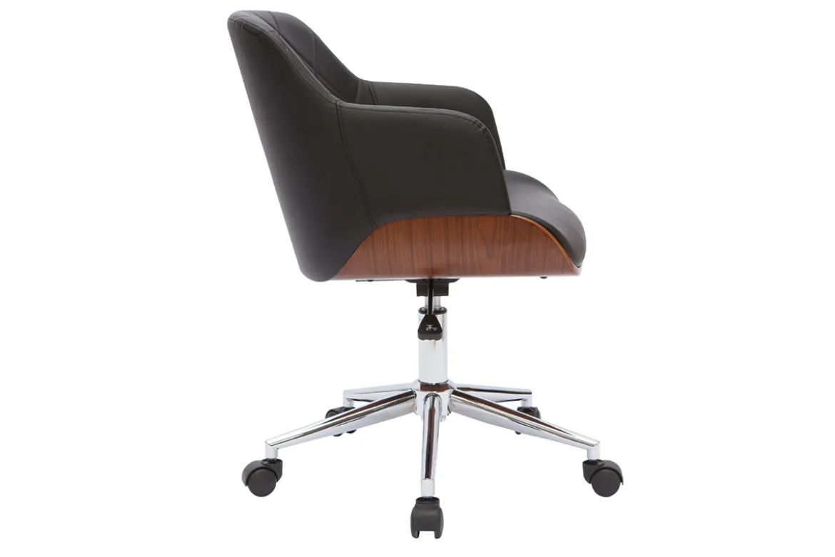 Chaise de bureau à roulettes design noir, bois foncé noyer et acier chromé SANDRO