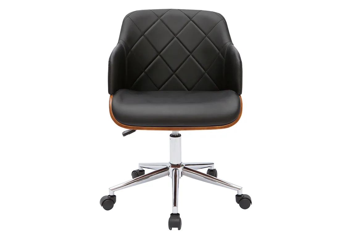 Chaise de bureau à roulettes design noir, bois foncé noyer et acier chromé SANDRO