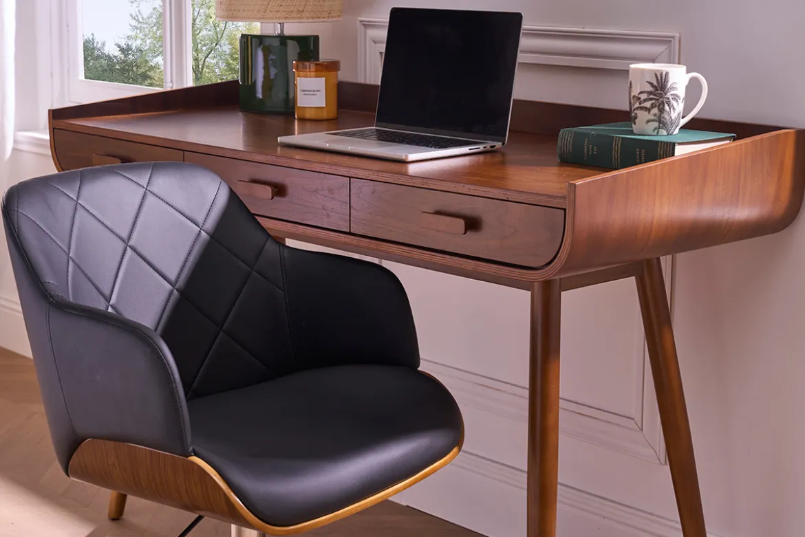 Chaise de bureau à roulettes design noir, bois foncé noyer et acier chromé SANDRO