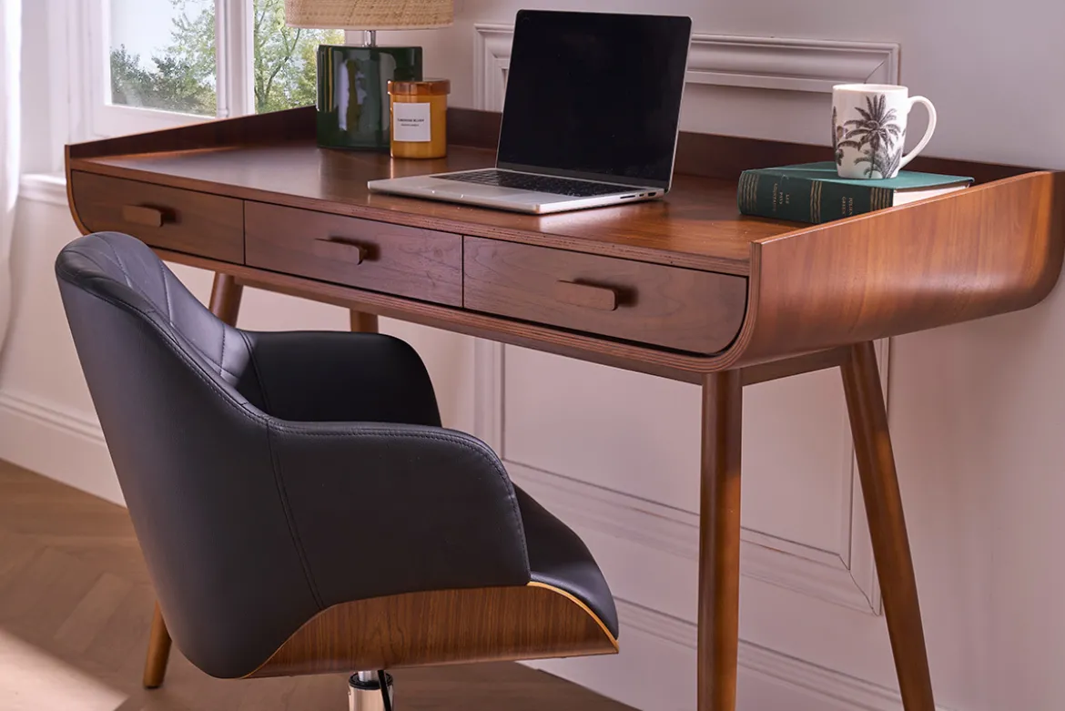 Chaise de bureau à roulettes design noir, bois foncé noyer et acier chromé SANDRO