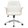 Chaise de bureau à roulettes design blanc, bois clair et acier chromé RUFIN