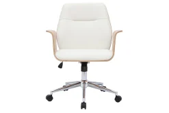 Chaise de bureau à roulettes design blanc, bois clair et acier chromé RUFIN
