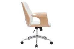 Chaise de bureau à roulettes design blanc, bois clair et acier chromé RUFIN
