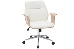 Chaise de bureau à roulettes design blanc, bois clair et acier chromé RUFIN