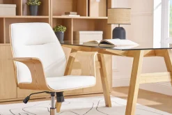 Chaise de bureau à roulettes design blanc, bois clair et acier chromé RUFIN