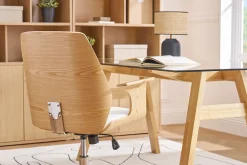 Chaise de bureau à roulettes design blanc, bois clair et acier chromé RUFIN