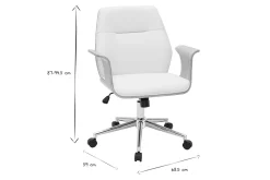 Chaise de bureau à roulettes design blanc, bois clair et acier chromé RUFIN