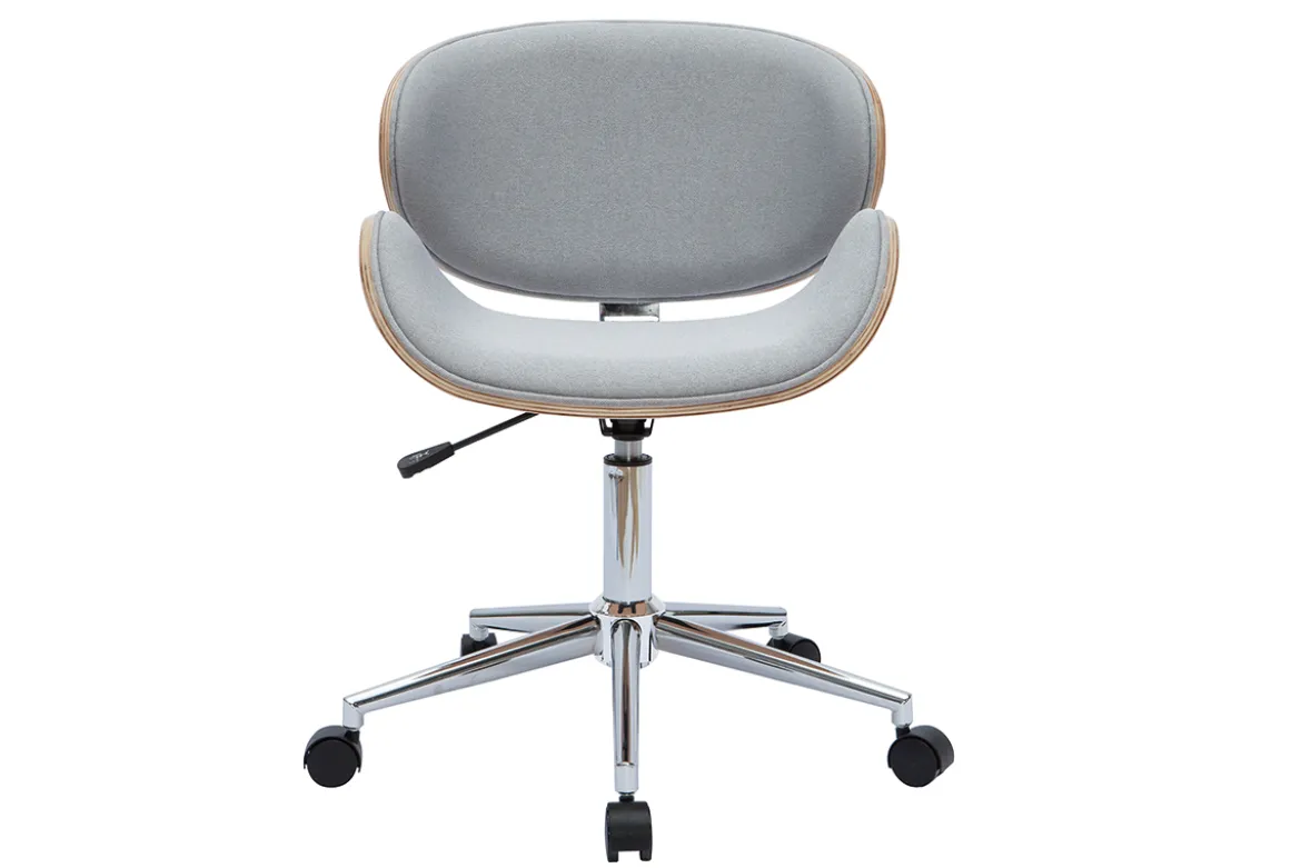 Chaise de bureau à roulettes design en tissu gris clair, bois clair et acier chromé WALNUT