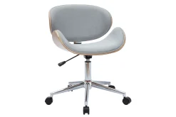 Chaise de bureau à roulettes design en tissu gris clair, bois clair et acier chromé WALNUT