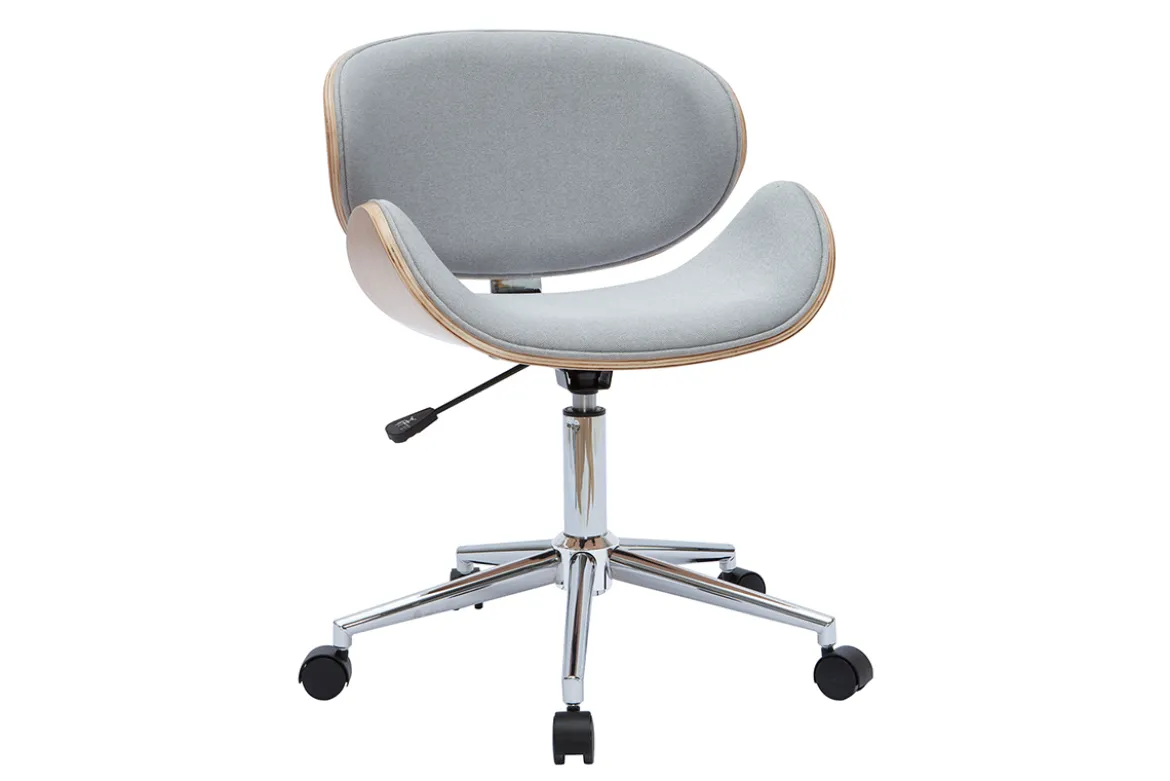Chaise de bureau à roulettes design en tissu gris clair, bois clair et acier chromé WALNUT