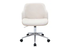 Chaise de bureau à roulettes en tissu chenille beige, bois clair et métal chromé EARL