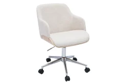 Chaise de bureau à roulettes en tissu chenille beige, bois clair et métal chromé EARL