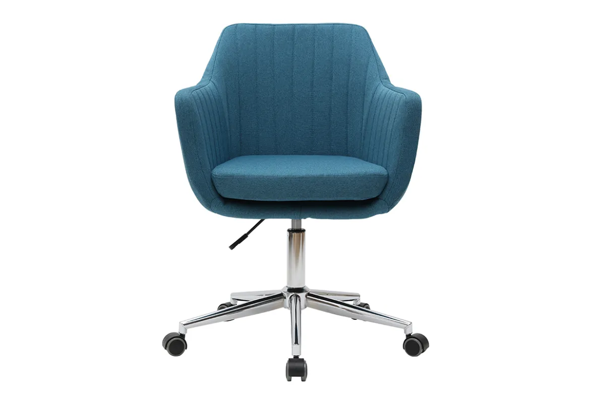 Chaise de bureau à roulettes en tissu bleu canard et acier chromé ALEYNA