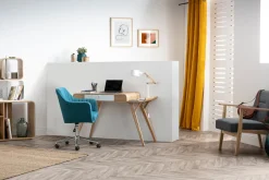 Chaise de bureau à roulettes en tissu bleu canard et acier chromé ALEYNA