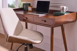 Chaise de bureau à roulettes en bois et tissu effet velours texturé beige DOUGLAS