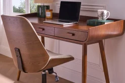 Chaise de bureau à roulettes en bois et tissu effet velours texturé beige DOUGLAS