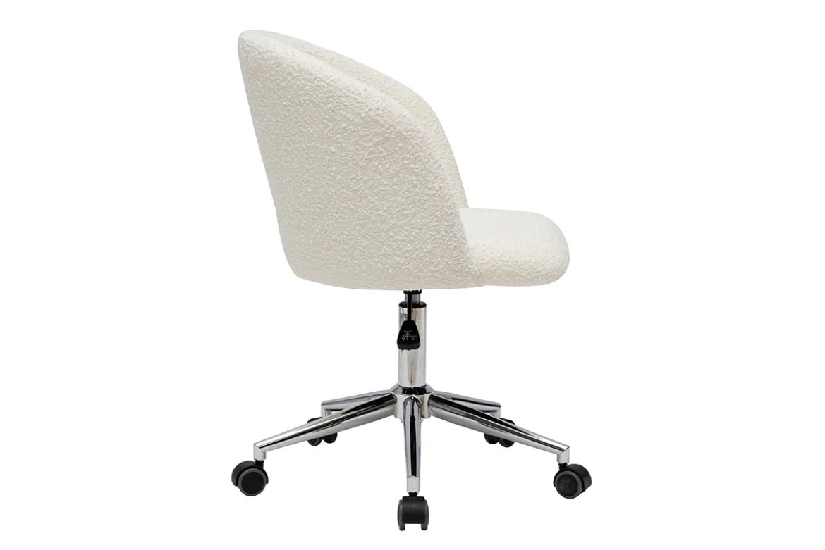 Chaise de bureau à roulettes en tissu effet laine bouclée blanc cassé et acier chromé VANITY