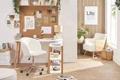 Chaise de bureau à roulettes en tissu effet laine bouclée blanc cassé et acier chromé VANITY