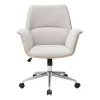 Chaise de bureau à roulettes en tissu effet velours texturé beige, bois clair et métal chromé HELIOS