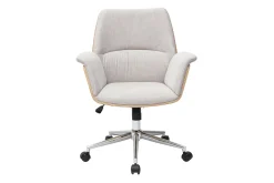 Chaise de bureau à roulettes en tissu effet velours texturé beige, bois clair et métal chromé HELIOS