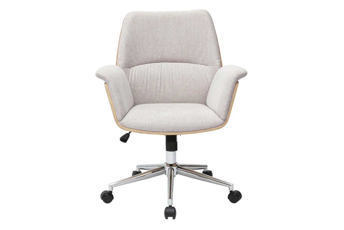 Chaise de bureau à roulettes en tissu effet velours texturé beige, bois clair et métal chromé HELIOS