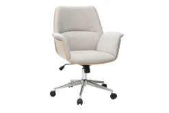Chaise de bureau à roulettes en tissu effet velours texturé beige, bois clair et métal chromé HELIOS