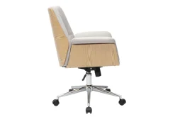 Chaise de bureau à roulettes en tissu effet velours texturé beige, bois clair et métal chromé HELIOS