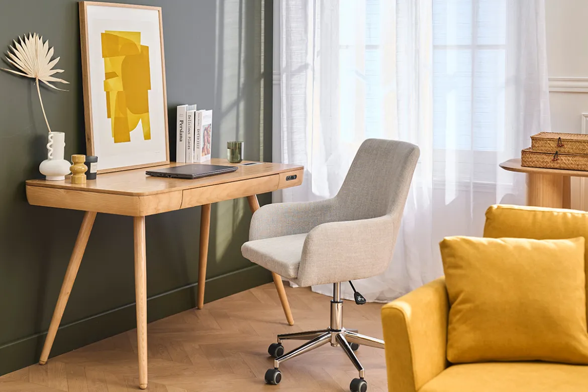 Chaise de bureau à roulettes en tissu gris clair et acier chromé SHANA