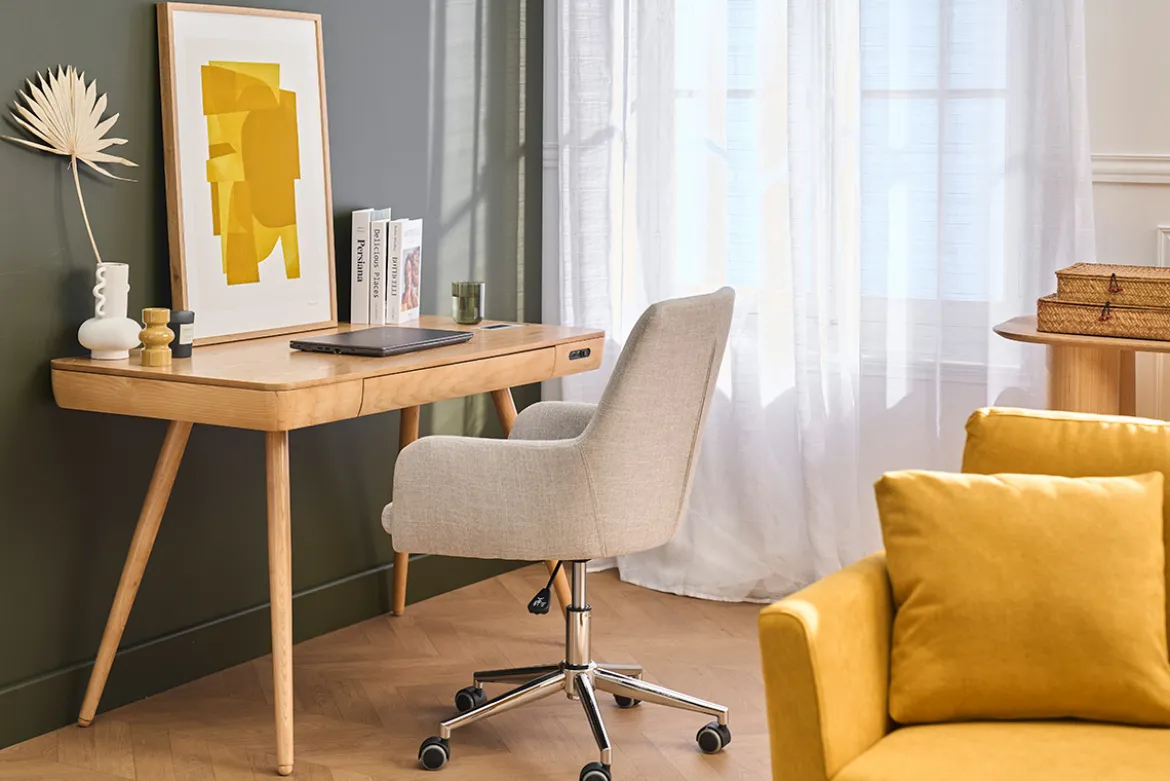 Chaise de bureau à roulettes en tissu gris clair et acier chromé SHANA