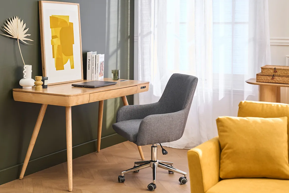 Chaise de bureau à roulettes en tissu gris anthracite et acier chromé SHANA