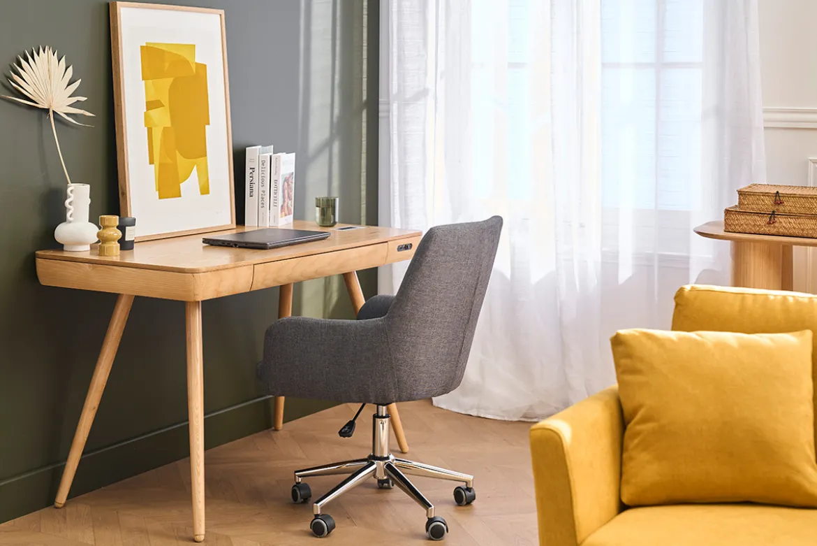 Chaise de bureau à roulettes en tissu gris anthracite et acier chromé SHANA