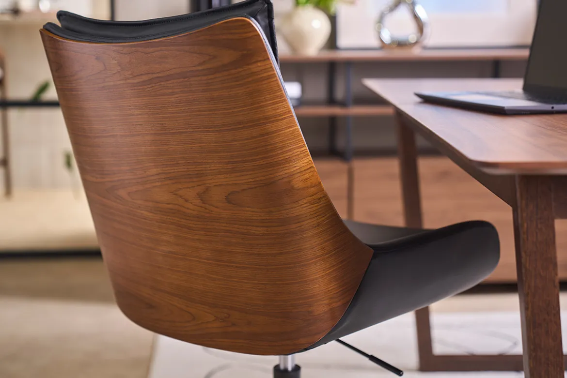 Chaise de bureau à roulettes noire et bois foncé BLAISE