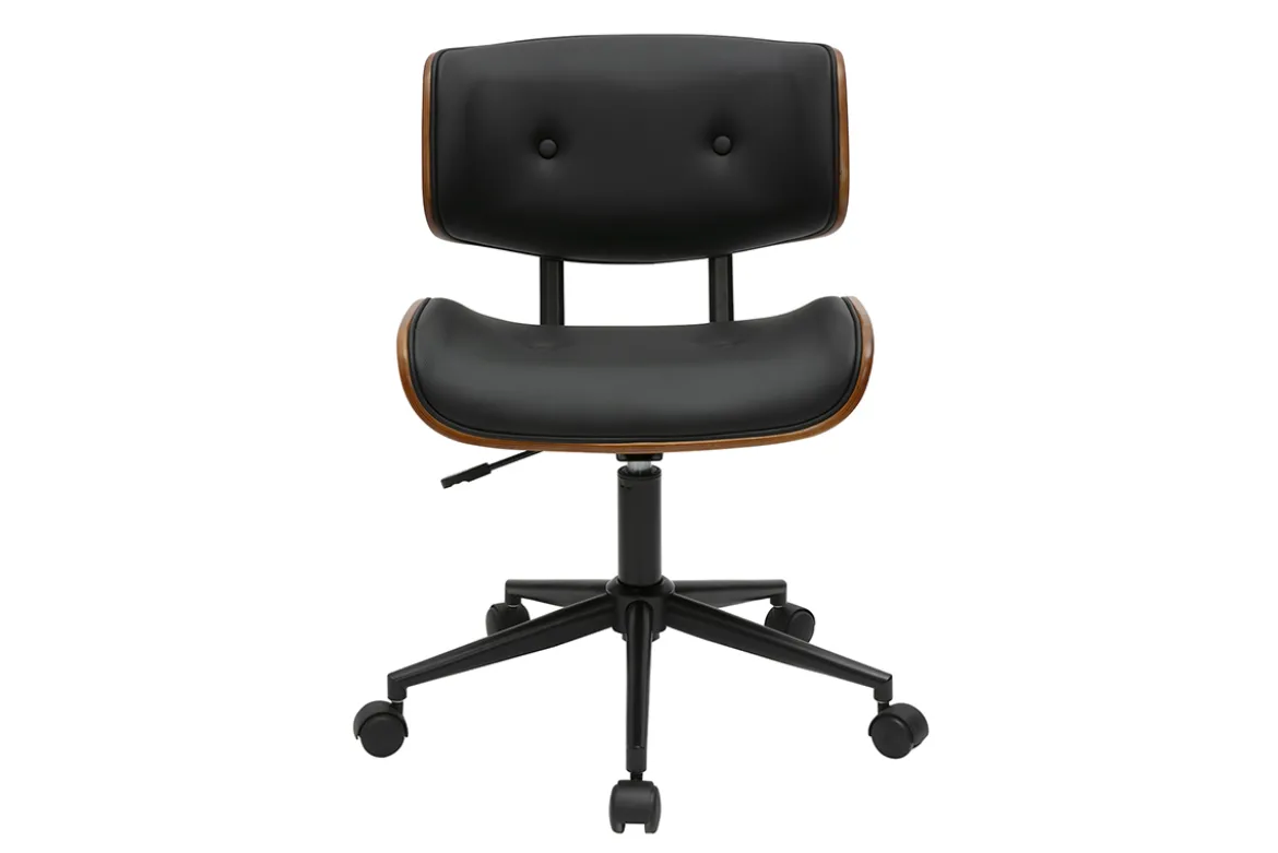 Chaise de bureau à roulettes noire et bois foncé BASILE